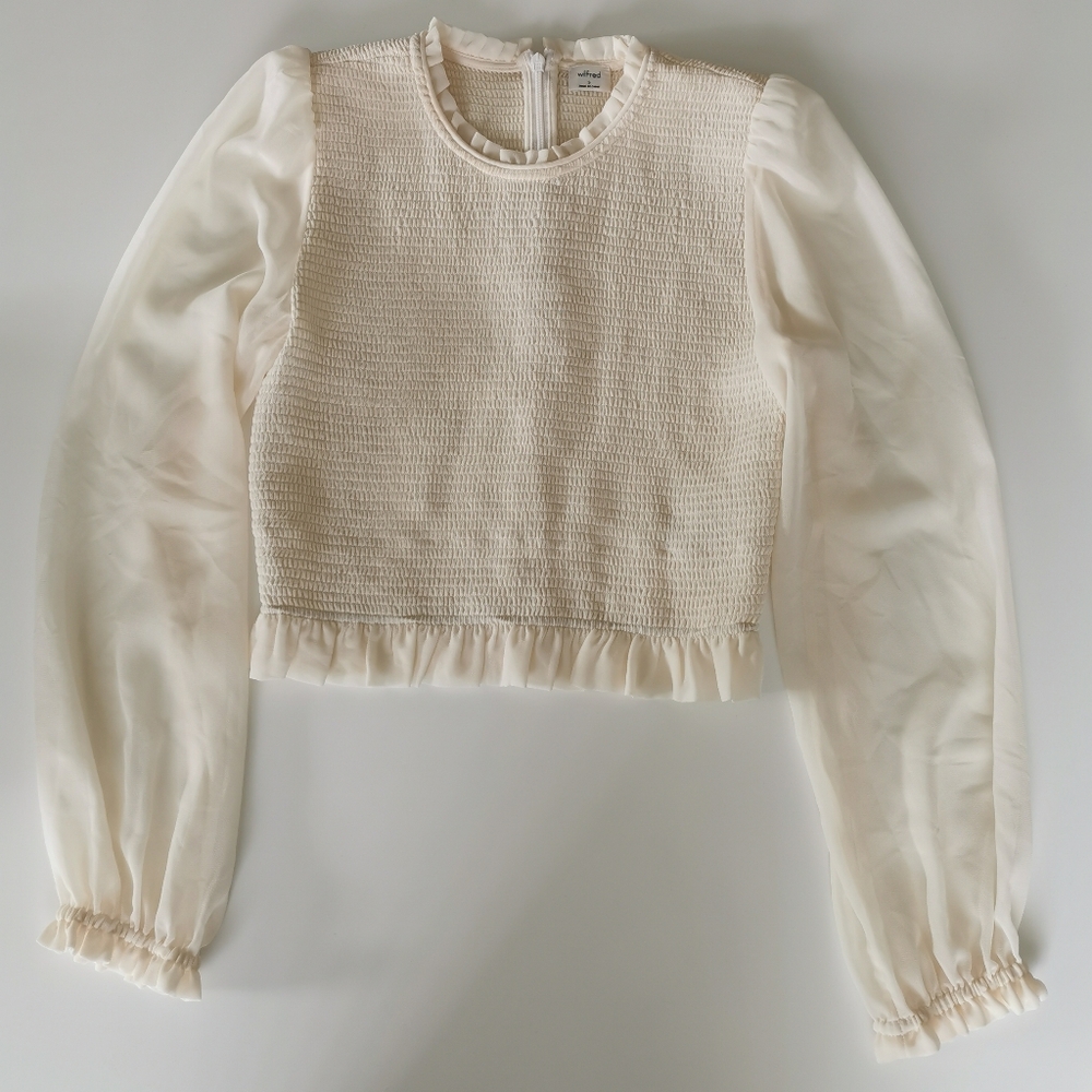 Aritzia Wilfred Tempest Blouse Cream Elastic Body Sheer Puff Long Sleeve Top